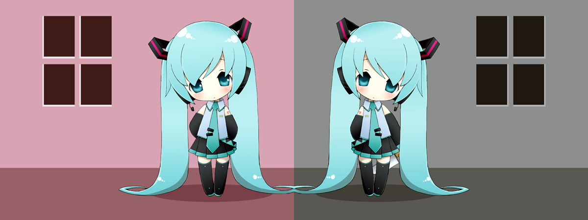 chitose kiiro, hatsune miku, vocaloid, blue eyes, blue hair, chibi, long hair, symmetry, thighhighs, twintails