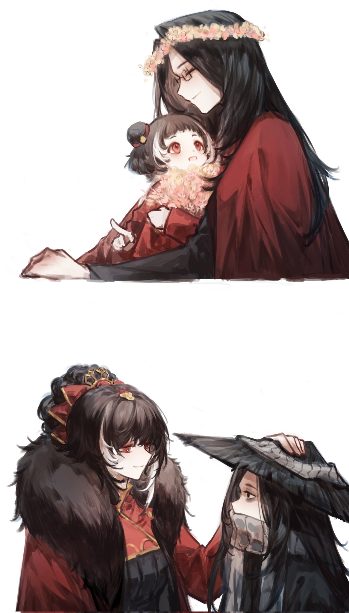 kinala6490098, jia xichun (project moon), limbus company, project moon, highres, 1boy, 1girl, black dress, black eyes, black hair, black hanfu, chinese clothes, closed eyes, coat, conical hat, double bun, dress, flower, fur-trimmed coat, fur trim, glasses, grey scarf, hair bun, hanfu, head wreath, headpat, long hair, long sleeves, looking at another, multicolored hair, pink eyes, pink flower, red coat, red dress, red shrug, scarf, shrug (clothing), simple background, streaked hair, twintails, upper body, wei (project moon), white background, white streaks