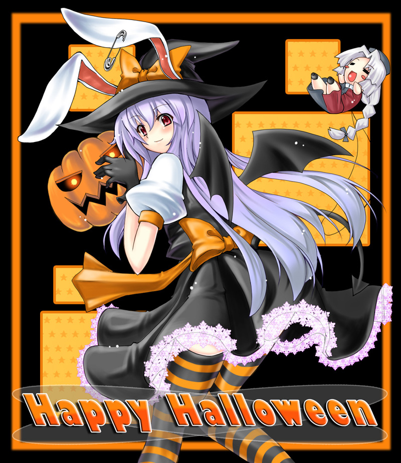 piromizu, reisen udongein inaba, yagokoro eirin, touhou, silver hair, striped legwear, 2girls, animal ears, bat wings, bow, chibi, earrings, ears through headwear, female focus, happy halloween, hat, jack-o'-lantern, jewelry, long hair, multiple girls, pantyhose, pumpkin, purple hair, rabbit ears, ribbon, safety pin, striped clothes, striped pantyhose, thighhighs, wings, witch hat