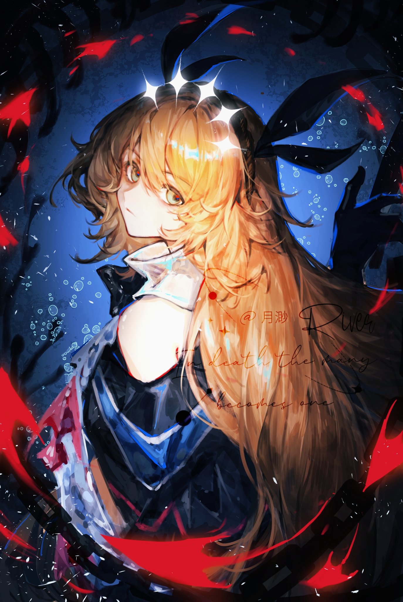 kinala6490098, ishmael (project moon), limbus company, project moon, highres, 1girl, air bubble, black bow, black bowtie, black capelet, blue background, bow, bowtie, brown hairband, bubble, capelet, closed mouth, fish, green eyes, hairband, long hair, looking at viewer, multiple hair ribbons, off-shoulder capelet, orange hair, solo, tidal elegy (e.g.o), upper body, water