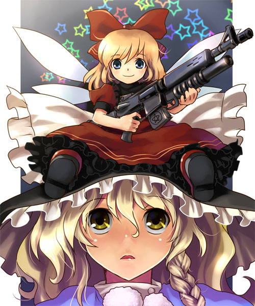 katahira masashi, hoihoi-san, kirisame marisa, shanghai doll, ichigeki sacchuu!! hoihoi-san, touhou, 2girls, assault rifle, blonde hair, blue eyes, bow, braid, doll, dress, female focus, grenade launcher, gun, hair bow, hair ribbon, hat, long hair, m16, m16a4, multiple girls, outside border, parody, ribbon, rifle, star (symbol), underbarrel grenade launcher, weapon, wings, witch, witch hat, yellow eyes