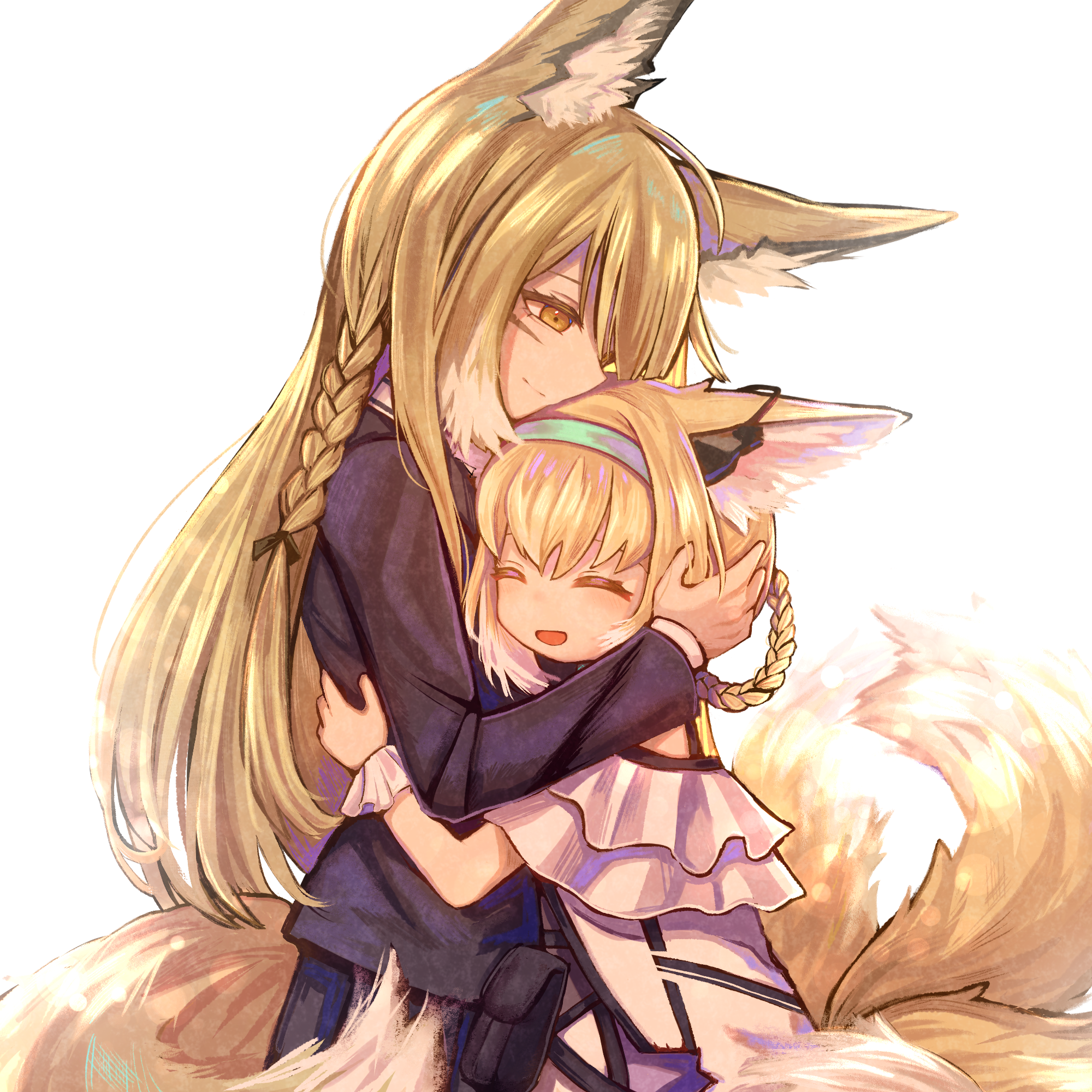 mawimawi kaburi, suzuran (arknights), vulpisfoglia (arknights), arknights, commentary request, highres, 2girls, animal ear fluff, animal ears, black jacket, blonde hair, blue hairband, braid, braided hair rings, closed eyes, closed mouth, earpiece, fox ears, fox girl, fox tail, hair rings, hairband, hug, jacket, kitsune, kyuubi, layered sleeves, long hair, mother and daughter, multiple girls, multiple tails, open mouth, orange eyes, shirt, simple background, tail, white background, white shirt