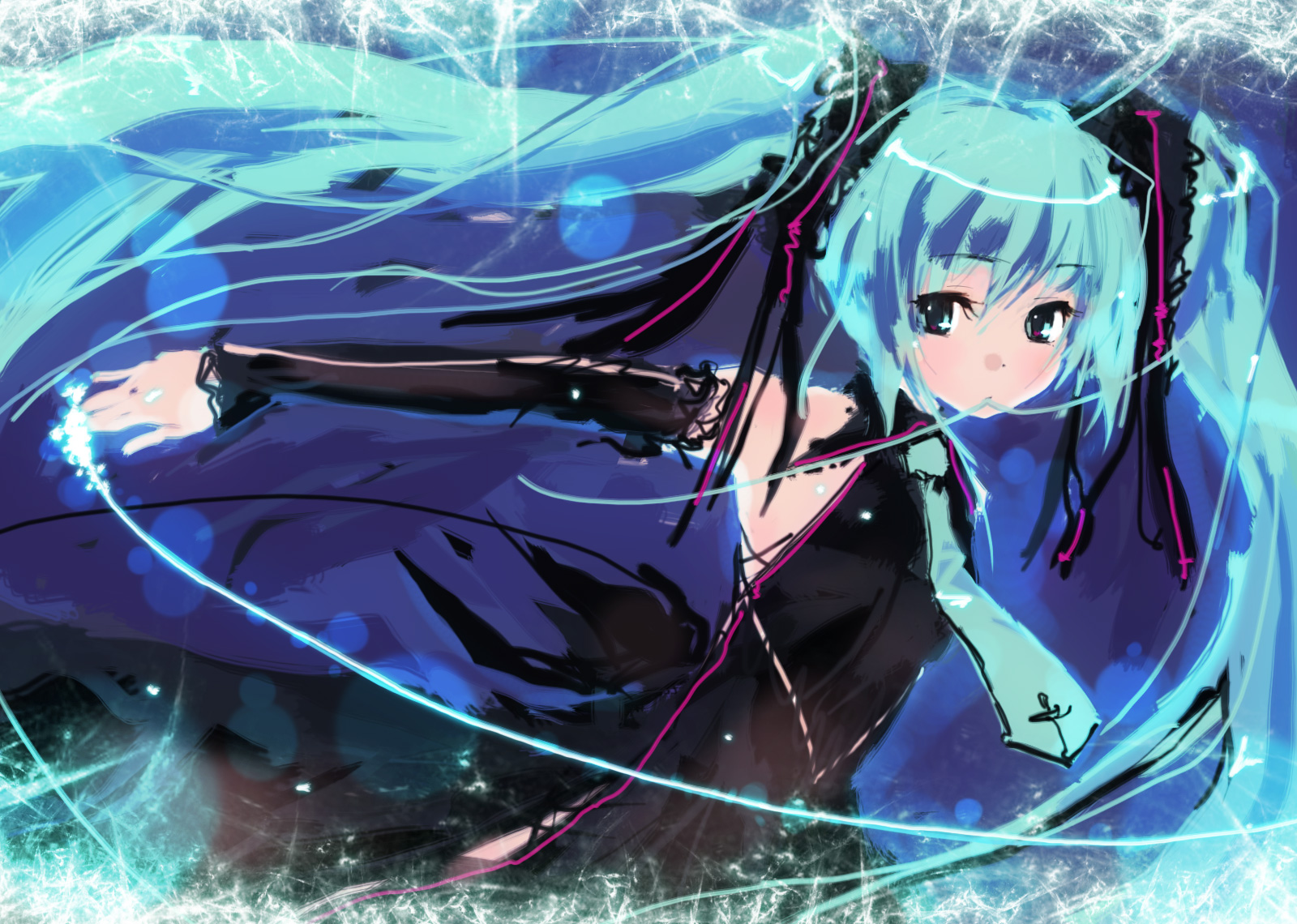 refeia, hatsune miku, vocaloid, highres, 1girl, aqua hair, bare shoulders, detached sleeves, female focus, long hair, magic, mouth hold, necktie, solo, twintails