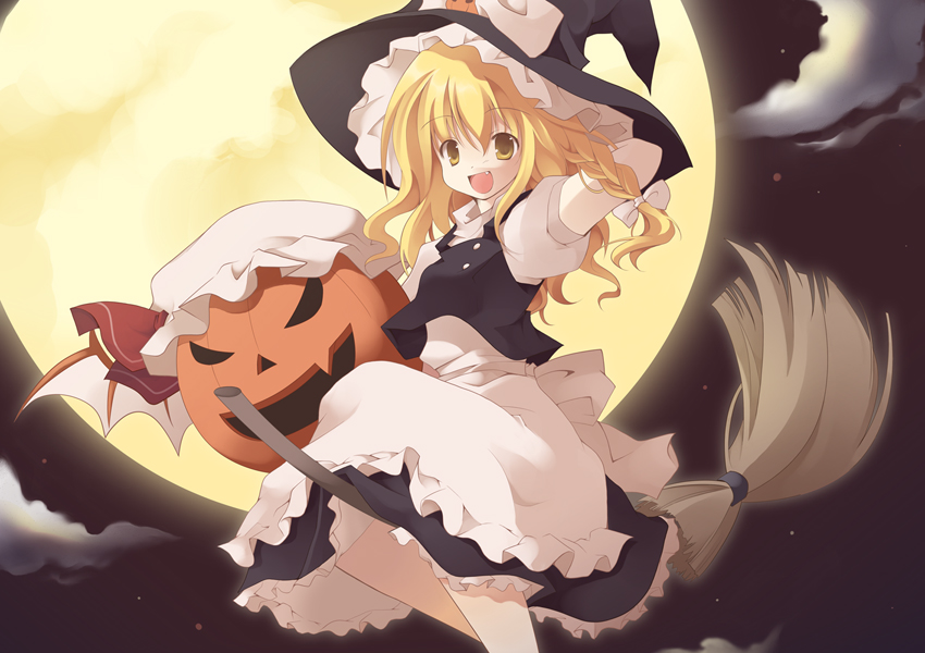 kiseki, mizuse kiseki, kirisame marisa, remilia scarlet, touhou, bad id, bad pixiv id, 1girl, blonde hair, broom, cloud, fang, female focus, halloween, jack-o'-lantern, moon, night, pumpkin, solo, wings, yellow eyes