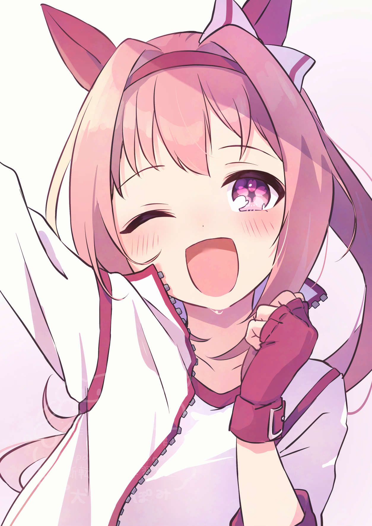 potarou pomi, haru urara (bestest prize) (umamusume), haru urara (umamusume), umamusume, highres, animal ears, blush, bow, ear bow, ear covers, fingerless gloves, flower-shaped pupils, flower in eye, gloves, headband, horse ears, horse girl, pink headband, portrait, red gloves, red headband, smile, sweat, symbol-shaped pupils, symbol in eye