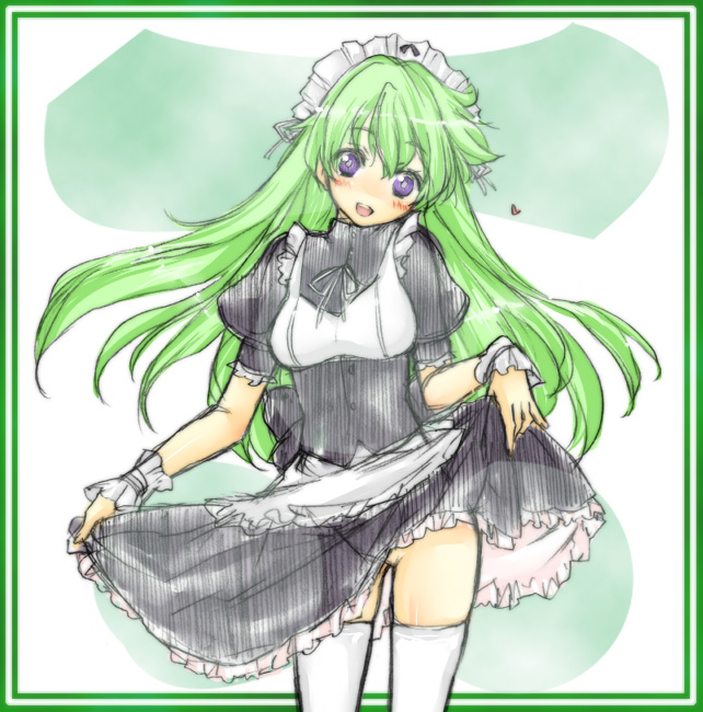 utsugi (skydream), kobayakawa chinu, rance (series), sengoku rance, bad id, bad pixiv id, blush, clothes lift, green hair, long hair, maid, no panties, purple eyes, skirt, skirt lift, solo, thighhighs, white thighhighs