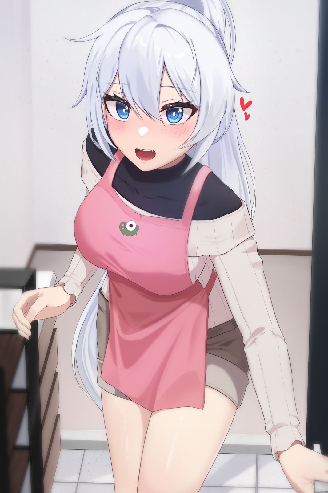 hyunjjing, kiana kaslana, honkai (series), honkai impact 3rd, highres, 1girl, :d, ahoge, apron, blue eyes, breasts, brown shorts, heart, indoors, large breasts, long hair, long sleeves, looking at viewer, open mouth, pink apron, ponytail, ribbed sweater, shorts, smile, solo, sweater, tile floor, tiles, very long hair, white hair, white sweater