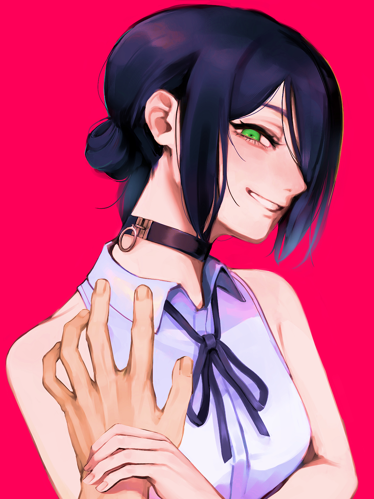 neko-me-kun, reze (chainsaw man), chainsaw man, commentary request, highres, 1boy, 1girl, black choker, black hair, black ribbon, choker, collared shirt, green eyes, grenade pin, grin, hair over one eye, holding another's wrist, neck ribbon, pink background, ribbon, shirt, simple background, sleeveless, sleeveless shirt, smile, teeth, white shirt