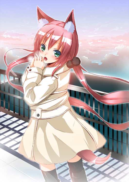 koi (koisan), bad id, bad pixiv id, 1girl, animal ear fluff, animal ears, coat, female focus, green eyes, hair bobbles, hair ornament, long hair, looking at viewer, looking back, looking to the side, pink hair, solo, tail, thighhighs, trench coat, twintails, very long hair