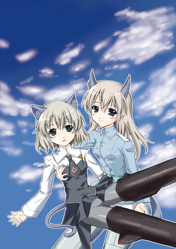 jinmaryu, eila ilmatar juutilainen, sanya v. litvyak, strike witches, world witches series, silver hair, bad id, bad pixiv id, 00s, 2girls, animal ears, blue eyes, flying, green eyes, military, military uniform, multiple girls, pantyhose, striker unit, tail, white pantyhose