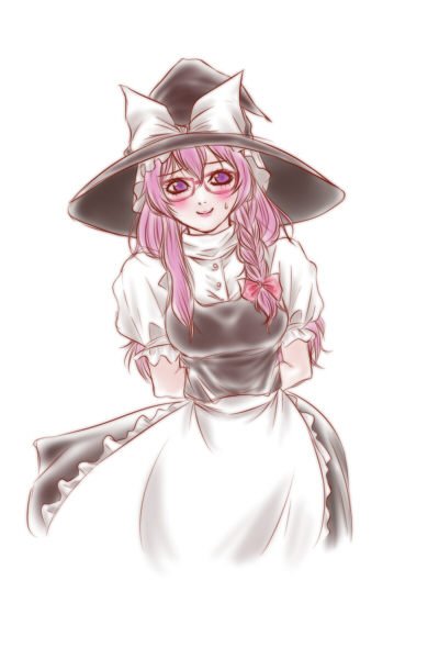 asuka asuka, spidy-r1, kirisame marisa, takara miyuki, lucky star, touhou, 1girl, blush, braid, breasts, cosplay, female focus, glasses, hat, kirisame marisa (cosplay), pink hair, purple eyes, solo, white background, witch, witch hat