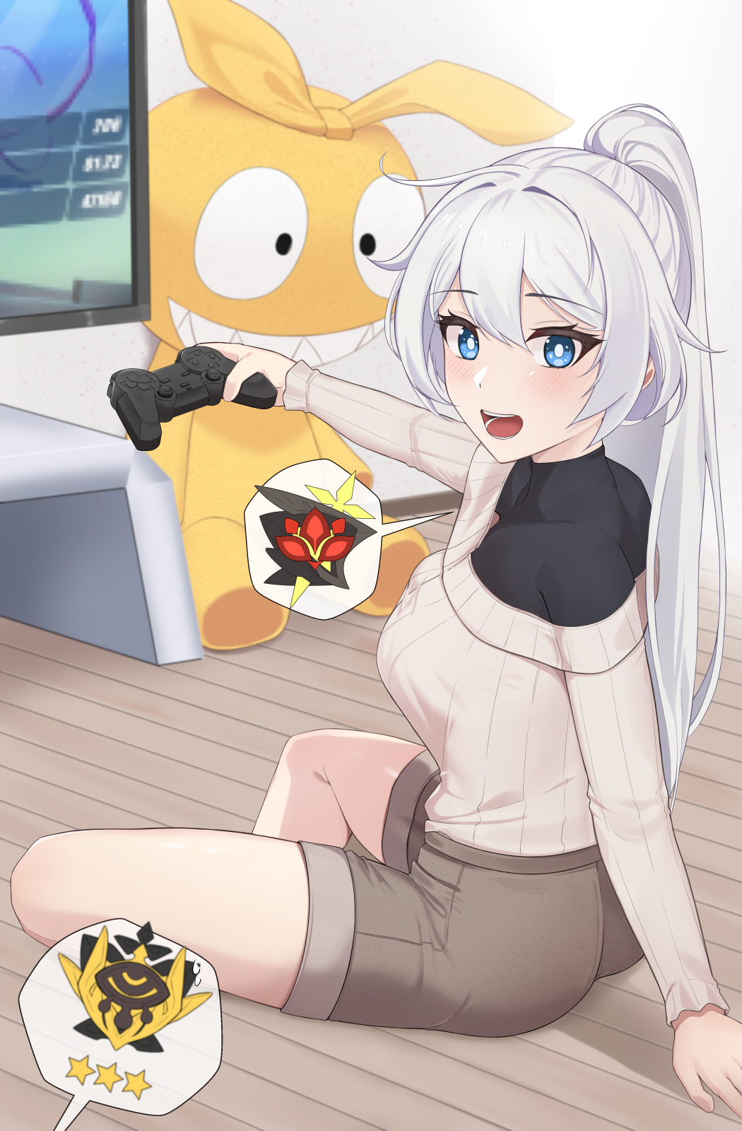 hyunjjing, homu (honkai impact), kiana kaslana, honkai (series), honkai impact 3rd, highres, 1girl, :d, ahoge, blue eyes, breasts, brown shorts, controller, game controller, holding, holding controller, holding game controller, indoors, large breasts, long hair, long sleeves, looking at viewer, open mouth, ponytail, ribbed sweater, shorts, smile, solo, star (symbol), sweater, television, very long hair, white hair, white sweater, wooden floor
