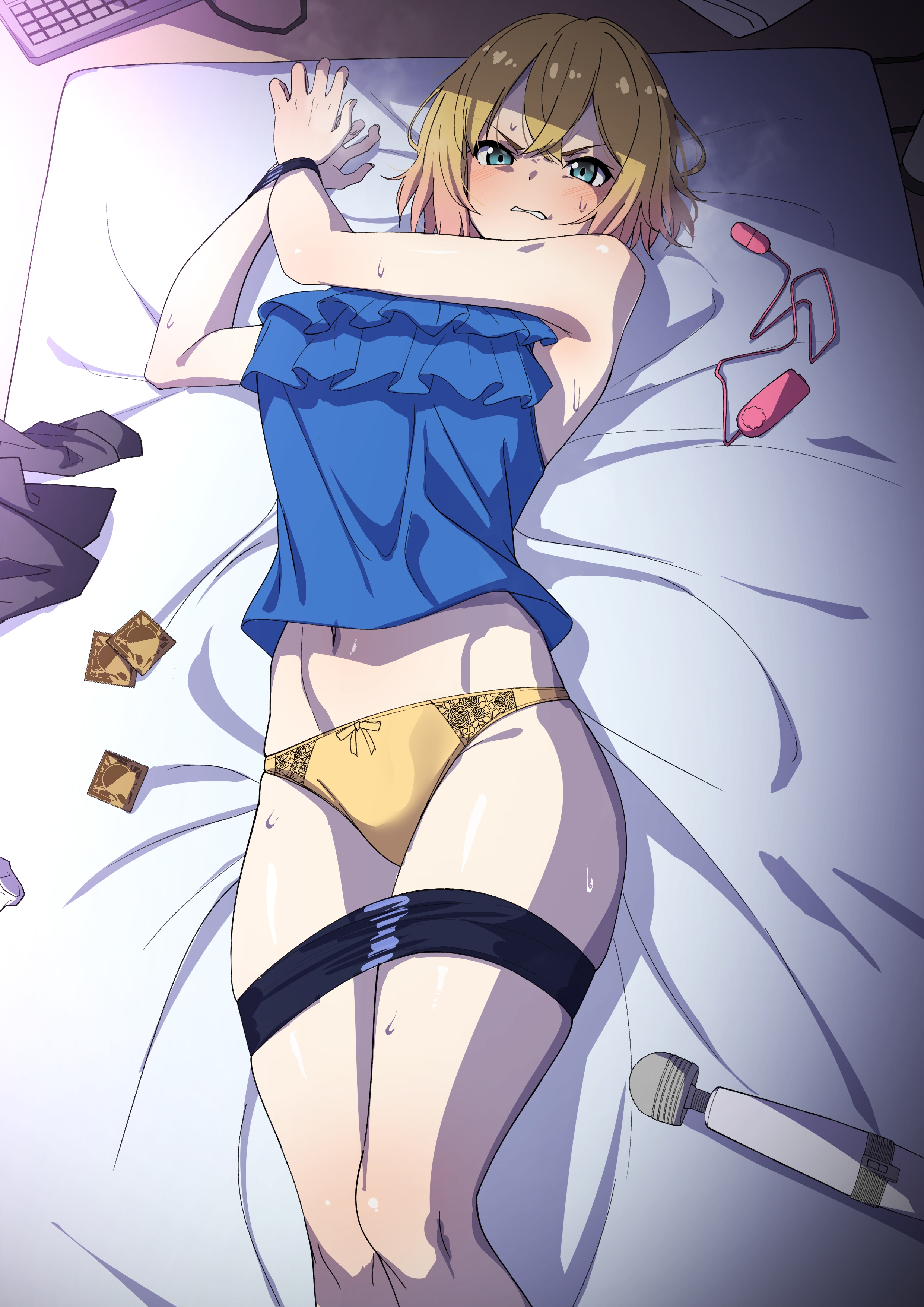 kawaruhi, nanami mami, kanojo okarishimasu, absurdres, commentary request, highres, 1girl, bdsm, bed sheet, blonde hair, blue camisole, bondage, bound, bow, bow panties, camisole, condom, condom wrapper, crossed bangs, egg vibrator, feet out of frame, frilled shirt, frills, hair between eyes, hitachi magic wand, looking at viewer, lying, navel, on back, on bed, panties, restrained, scowl, sex toy, shirt, short hair, sleeveless, sleeveless shirt, solo, thighs, underwear, vibrator, yellow panties