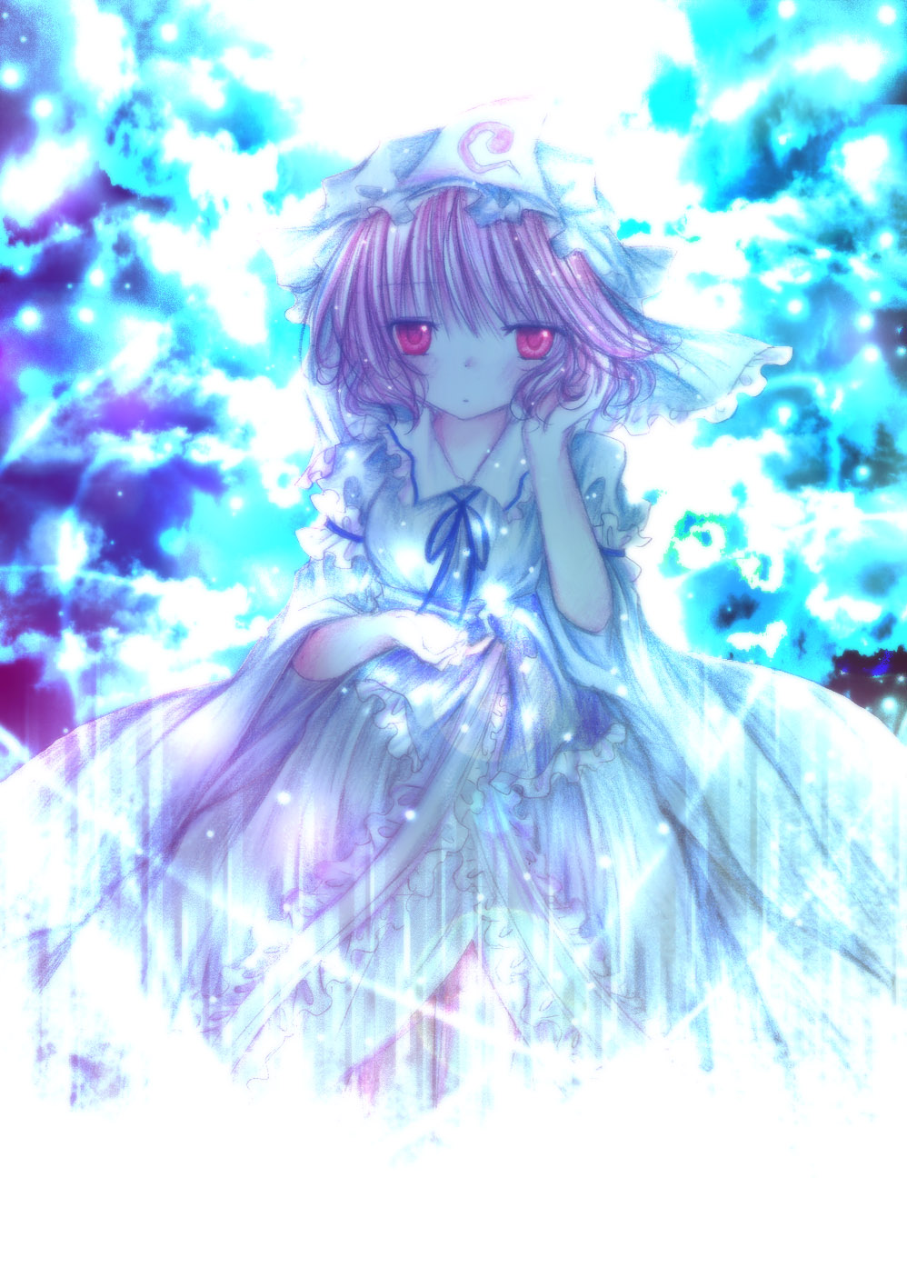 kasuga sunao, saigyouji yuyuko, touhou, bad id, bad pixiv id, highres, 1girl, dress, female focus, hat, ribbon, short hair, solo