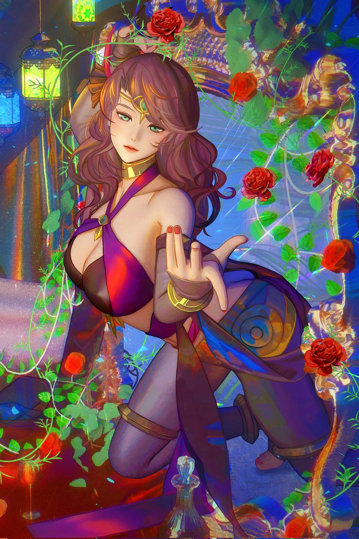 irisl, dorothea arnault, dorothea arnault (plegian), fire emblem, fire emblem: three houses, nintendo, commentary, english commentary, highres, 1girl, bare shoulders, black pantyhose, bracelet, breasts, brown hair, circlet, cleavage, closed mouth, detached sleeves, green eyes, halterneck, jewelry, large breasts, long hair, looking at viewer, official alternate costume, pantyhose, solo