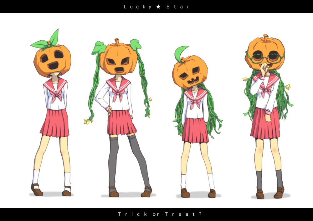yunsuku, hiiragi kagami, hiiragi tsukasa, izumi konata, takara miyuki, lucky star, 00s, 4girls, :3, ahoge, glasses, halloween, jack-o'-lantern, legs, letterboxed, multiple girls, pumpkin, pumpkin hat, school uniform, serafuku, sisters, standing, thighhighs, trick or treat, twins, twintails, white background, you gonna get raped, zettai ryouiki