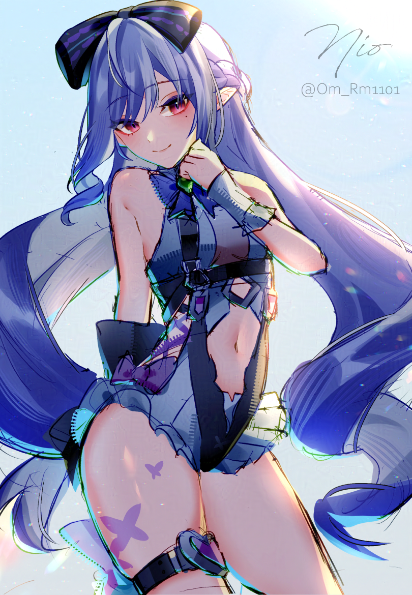 om rm1101, vivian banshee, zenless zone zero, commentary request, belt, black ribbon, blue background, blue one-piece swimsuit, breasts, clothing cutout, hair ribbon, long hair, medium breasts, mole, mole under eye, navel, official alternate costume, one-piece swimsuit, pointy ears, purple eyes, purple hair, ribbon, smile, solo, stomach cutout, swimsuit, thigh belt, thigh strap, thighs, twitter username, very long hair, vivian banshee (iris of the shore)
