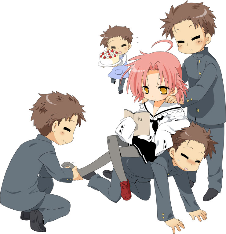 hirokawa, kogami akira, shiraishi minoru, lucky star, bad id, bad pixiv id, 00s, 1girl, 4boys, ahoge, all fours, apron, back rub, cake, femdom, food, foot massage, human chair, human furniture, massage, multiple boys, multiple persona, pantyhose, pastry, pink hair, reading, shoes, short hair, single shoe, sitting, sitting on person, yellow eyes