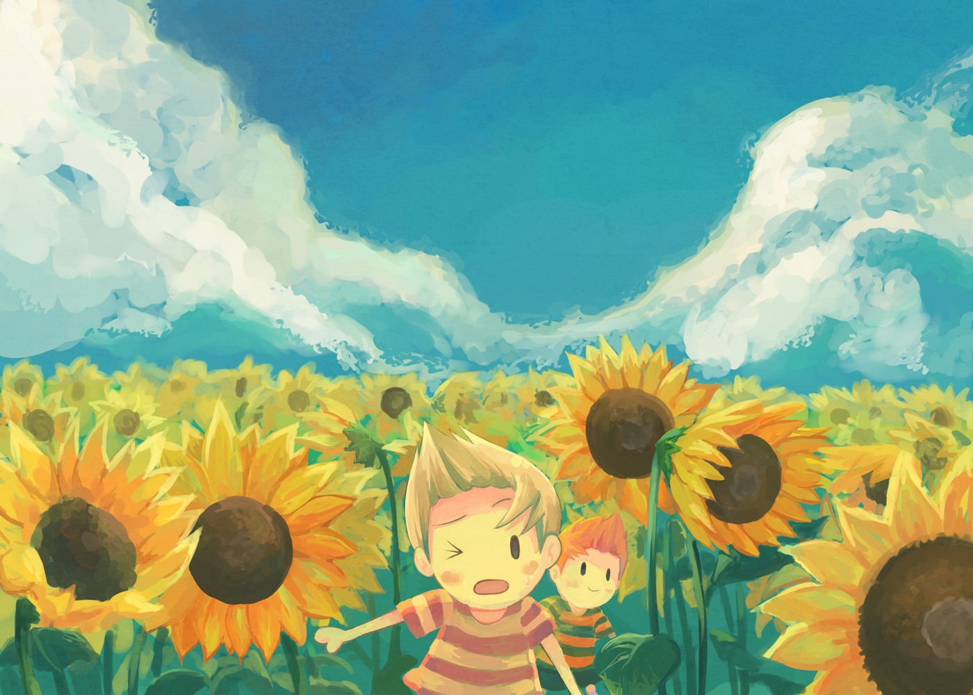 claus (mother 3), lucas (mother 3), mother (series), mother 3, nintendo, > o, 2boys, blonde hair, blouse, brown hair, day, field, flower, flower field, male focus, multiple boys, one eye closed, quiff, shirt, siblings, striped clothes, striped shirt, sunflower, twins, wink