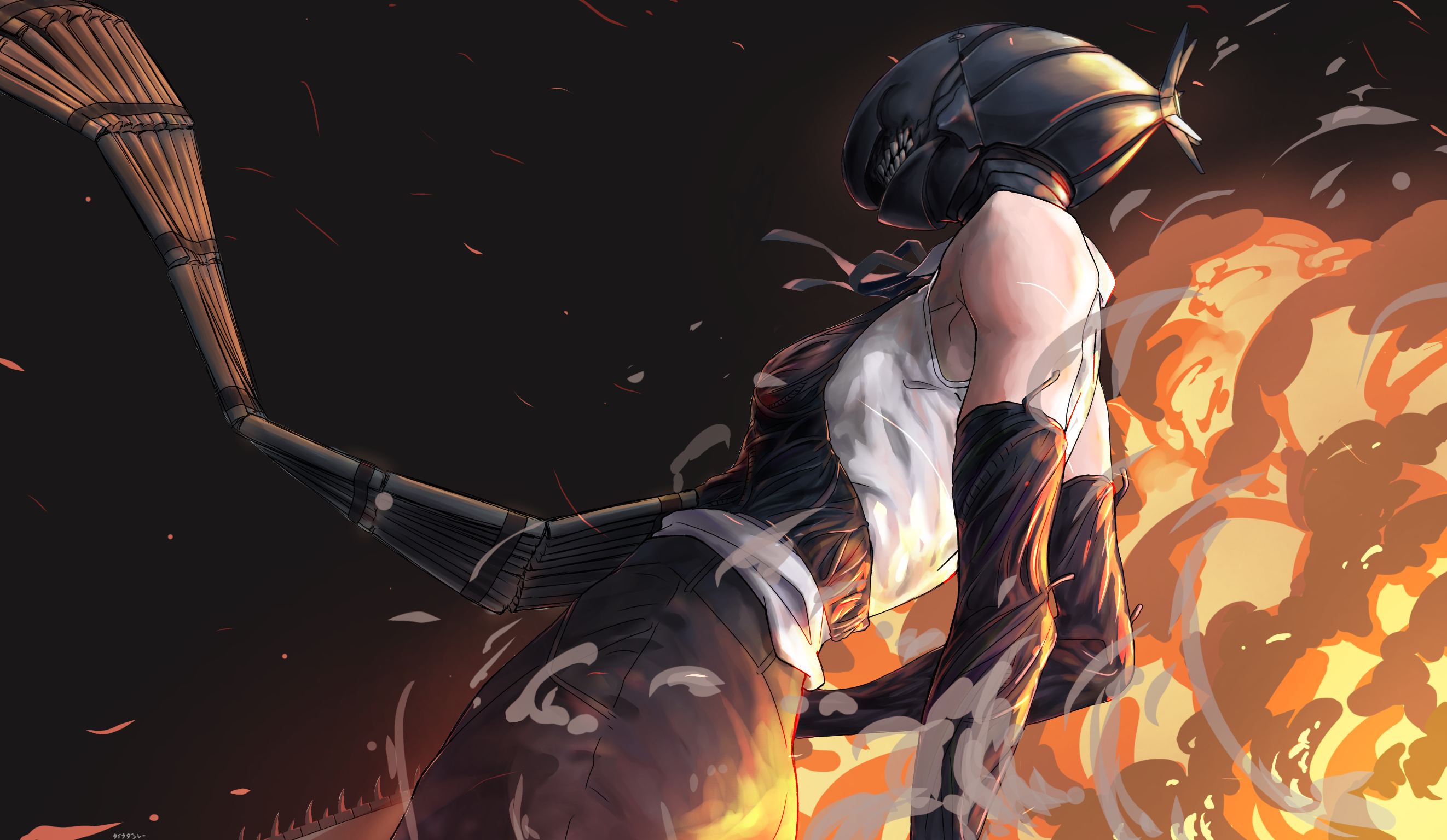 bomb devil (chainsaw man), chainsaw man, commentary request, highres, 1girl, apron, black apron, black gloves, black ribbon, black shorts, chainsaw, dynamite, elbow gloves, explosion, explosive, gloves, object head, pagzwcszsw73714, ribbon, shirt, shorts, sleeveless, sleeveless shirt, solo, white shirt