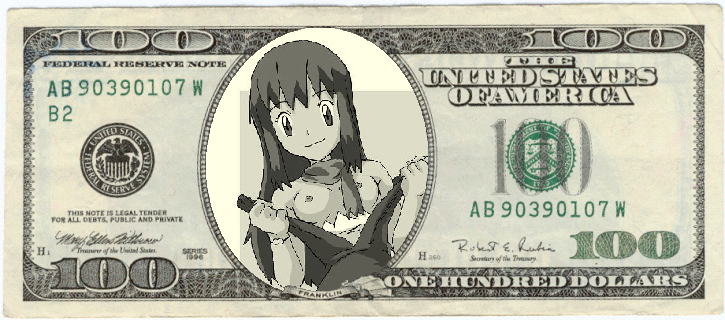 dawn (pokemon), nintendo, pokemon, photo (medium), 1girl, banknote, bare shoulders, breasts, dollar bill, english text, female focus, hair down, light smile, long hair, looking at viewer, money, monochrome, oekaki, scarf, signature, small breasts, smile, solo, strap pull, undressing, upper body