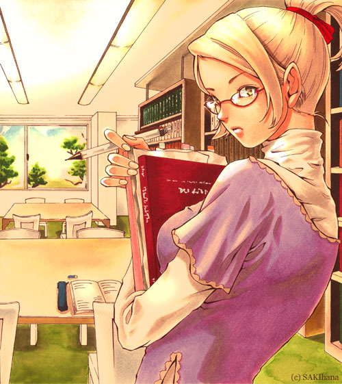 nabeya sakihana, original, bad id, bad pixiv id, 1girl, blonde hair, book, brown eyes, female focus, glasses, solo