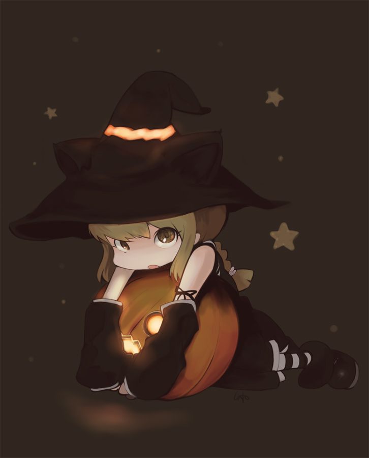 inemuri uno, original, 1girl, animal ears, arm warmers, black background, blonde hair, brown eyes, dark, female focus, halloween, hat, jack-o'-lantern, pumpkin, solo, witch hat