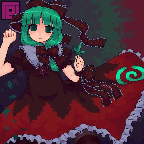 ktsecond, kagiyama hina, touhou, bad id, bad pixiv id, lowres, 1girl, blush, cowboy shot, dress, female focus, front ponytail, green eyes, green hair, holding, looking at viewer, matching hair/eyes, puffy short sleeves, puffy sleeves, red dress, shawl, short hair, short sleeves, solo