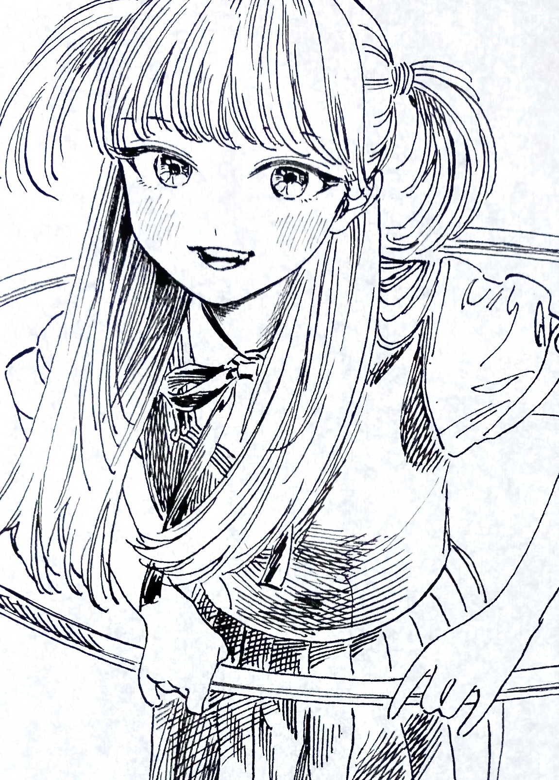 hiro (dismaless), kizaki erika, akebi-chan no serafuku, cropped, highres, 1girl, bare arms, blush, collared shirt, hair over shoulder, holding, holding toy, hoop, hula hoop, long hair, looking at viewer, monochrome, neck ribbon, pleated skirt, ribbon, shadow, shirt, simple background, skirt, sleeveless, sleeveless sweater, smile, solo, sweater, swept bangs, teeth, toy, two side up, white background