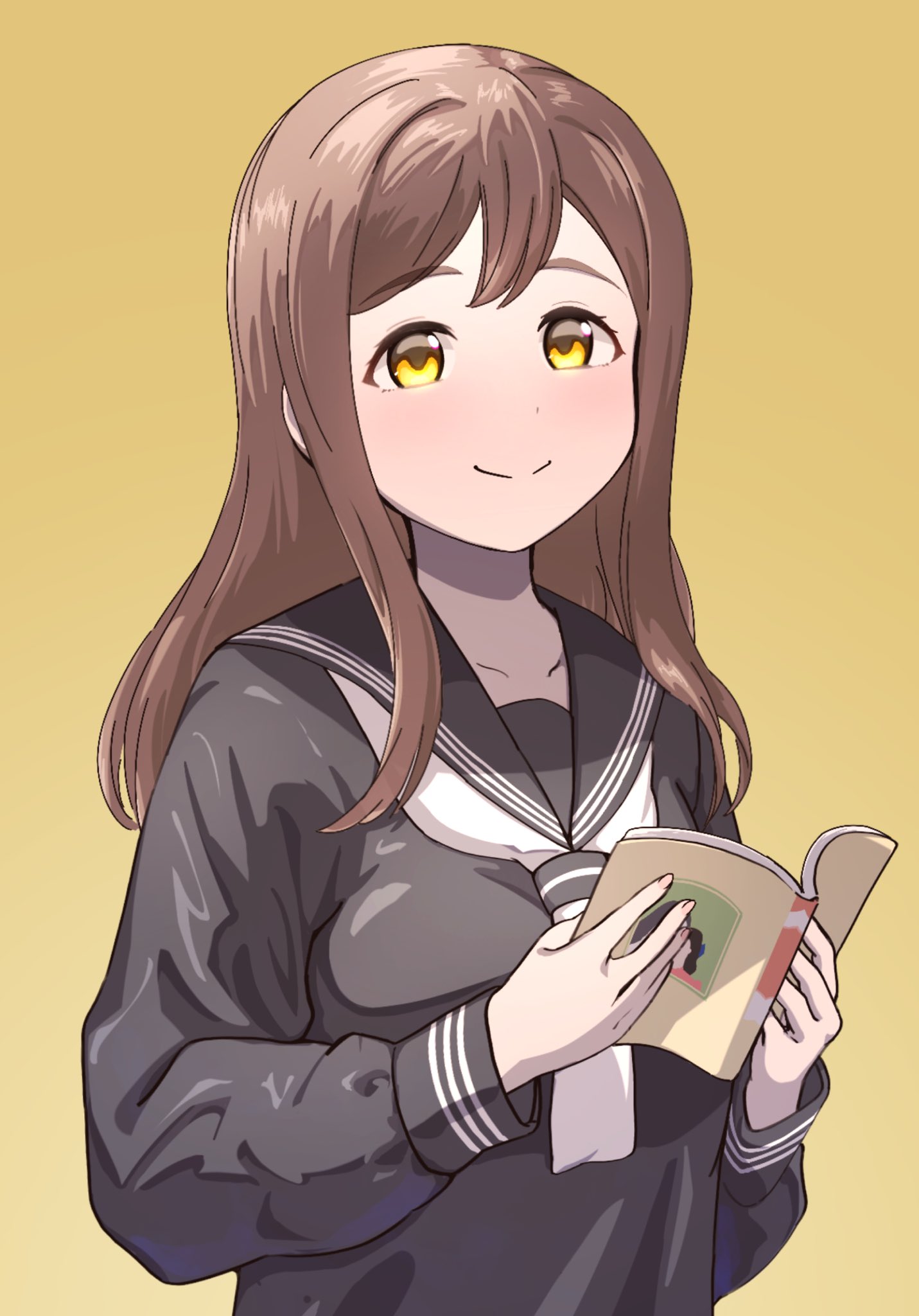 mortdecai, kunikida hanamaru, love live!, love live! sunshine!!, commentary request, highres, 1girl, black sailor collar, black shirt, blush, book, breasts, brown hair, closed mouth, collarbone, holding, holding book, large breasts, long sidelocks, long sleeves, looking at viewer, neckerchief, sailor collar, school uniform, serafuku, shirt, sidelocks, simple background, smile, solo, split mouth, uranohoshi school uniform, white neckerchief, yellow background, yellow eyes