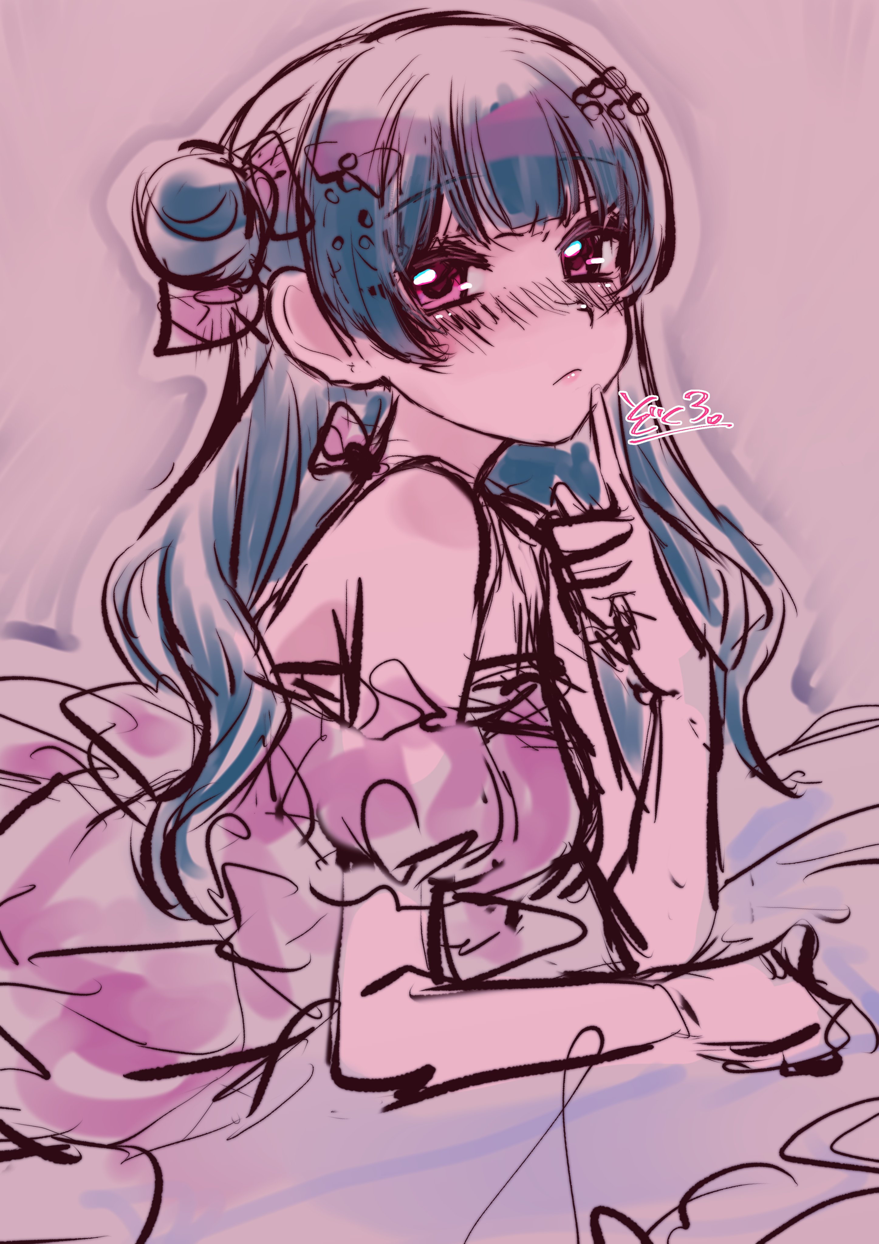 zokuro 1018, tsushima yoshiko, love live!, love live! sunshine!!, absurdres, commentary, highres, symbol-only commentary, translation request, 1girl, blue hair, blunt bangs, blush, detached sleeves, dress, frown, hair bun, long hair, looking at viewer, nose blush, pink dress, puffy short sleeves, puffy sleeves, short sleeves, single side bun, sketch, sleeveless, sleeveless dress, solo