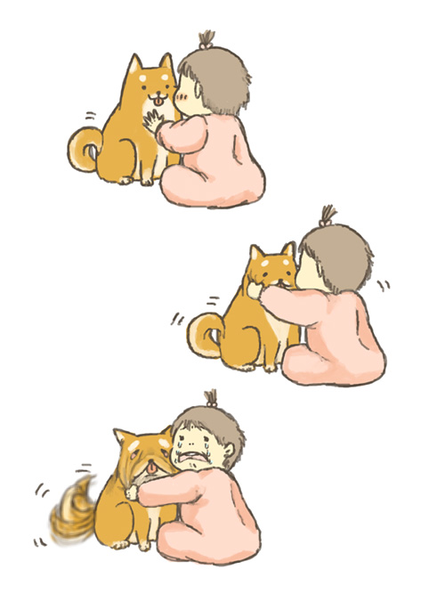 noja, original, 1girl, animal, baby, brown hair, child, comic, dog, pet, sad, shiba inu, short hair, simple background, sitting, stretching, tail, tail wagging, tears, tongue, white background