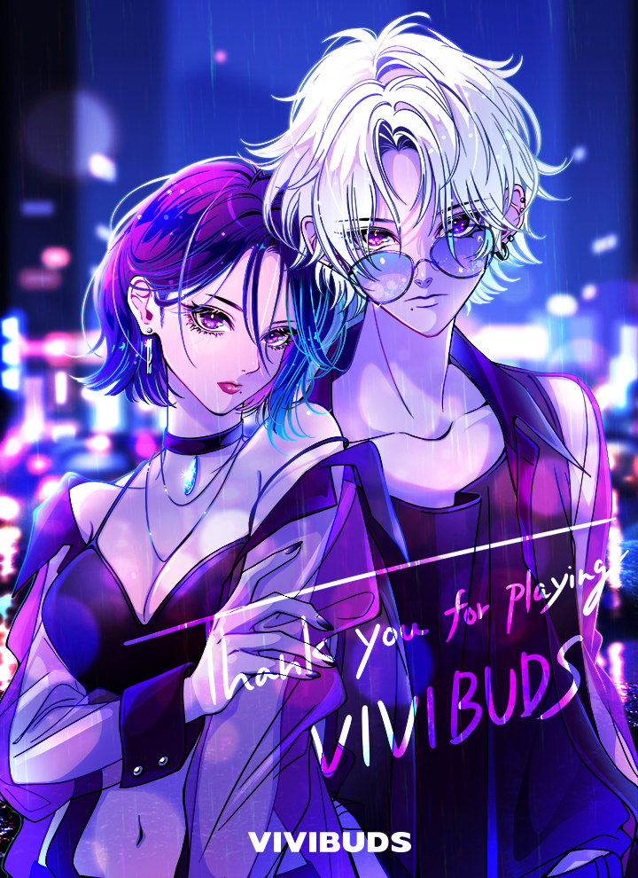 non-web source, official art, 1boy, 1girl, black-framed eyewear, black choker, black skirt, blurry, blurry background, bokeh, breasts, choker, copyright name, depth of field, jacket, jewelry, logo, looking at viewer, navel, necklace, purple eyes, purple hair, rain, red lips, see-through clothes, see-through jacket, skirt, thank you, vivibuds, white hair