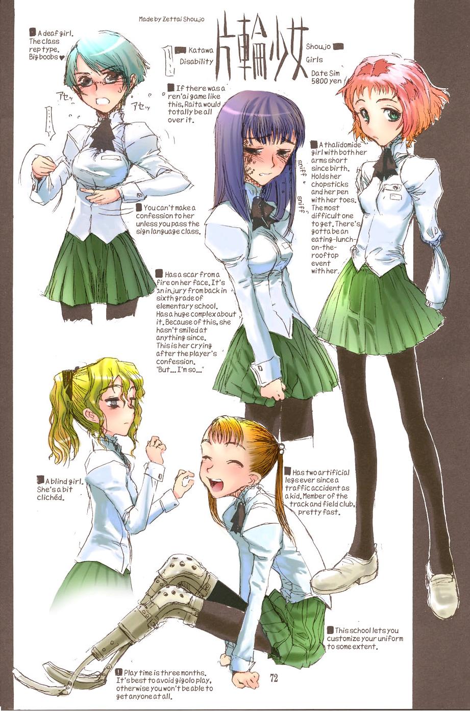 honjou raita, hakamichi shizune, ibarazaki emi, ikezawa hanako, satou lilly, tezuka rin, katawa shoujo, hand gesture, colorized, hard-translated, highres, third-party edit, translated, 10s, 5girls, amputee, armless amputee, blind, burn scar, double amputee, english text, legless amputee, long hair, multiple girls, pantyhose, prosthesis, prosthetic leg, scar, school uniform, serafuku, short hair, sign language