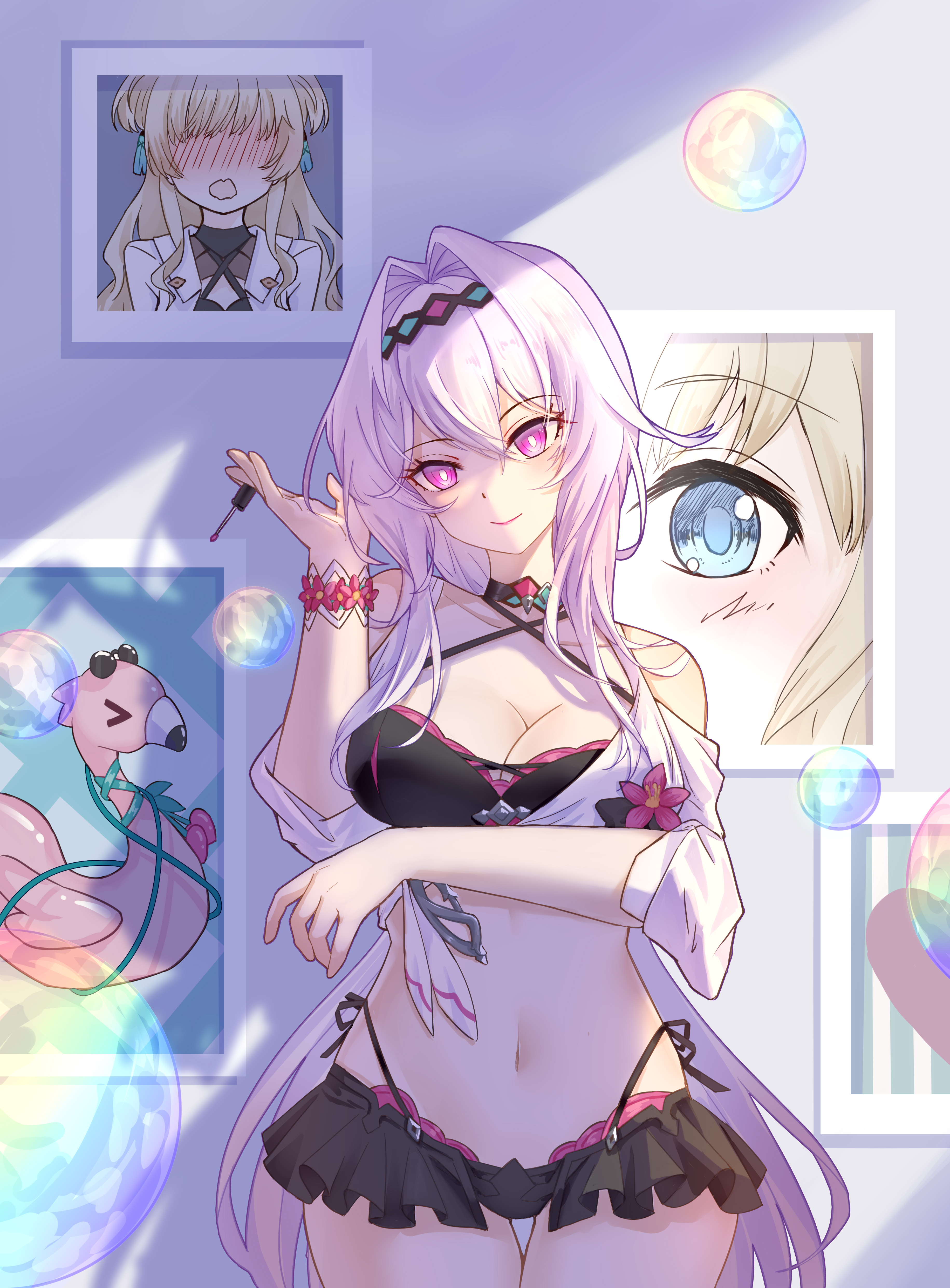yichuanxue, songque, songque (astralop), thelema nutriscu, thelema nutriscu (roseate summer), honkai (series), honkai impact 3rd, absurdres, commentary request, highres, 1girl, air bubble, bikini, black bikini, breasts, bubble, cleavage, hair intakes, large breasts, long hair, looking at viewer, navel, official alternate costume, painting (object), purple hair, smile, solo, stomach, swimsuit, thighs, very long hair, white hair