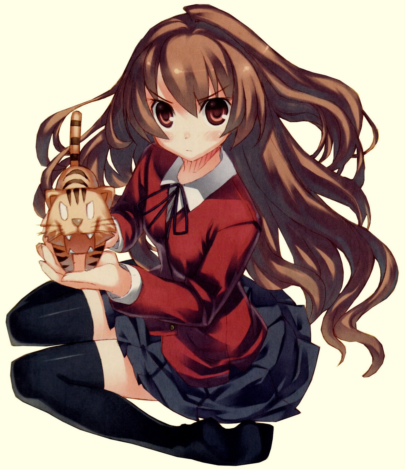 yasu, aisaka taiga, palmtop tiger, toradora!, highres, official art, 00s, 1girl, brown eyes, brown hair, chibi, female focus, long hair, school uniform, serafuku, skirt, solo, thighhighs, tiger, zettai ryouiki