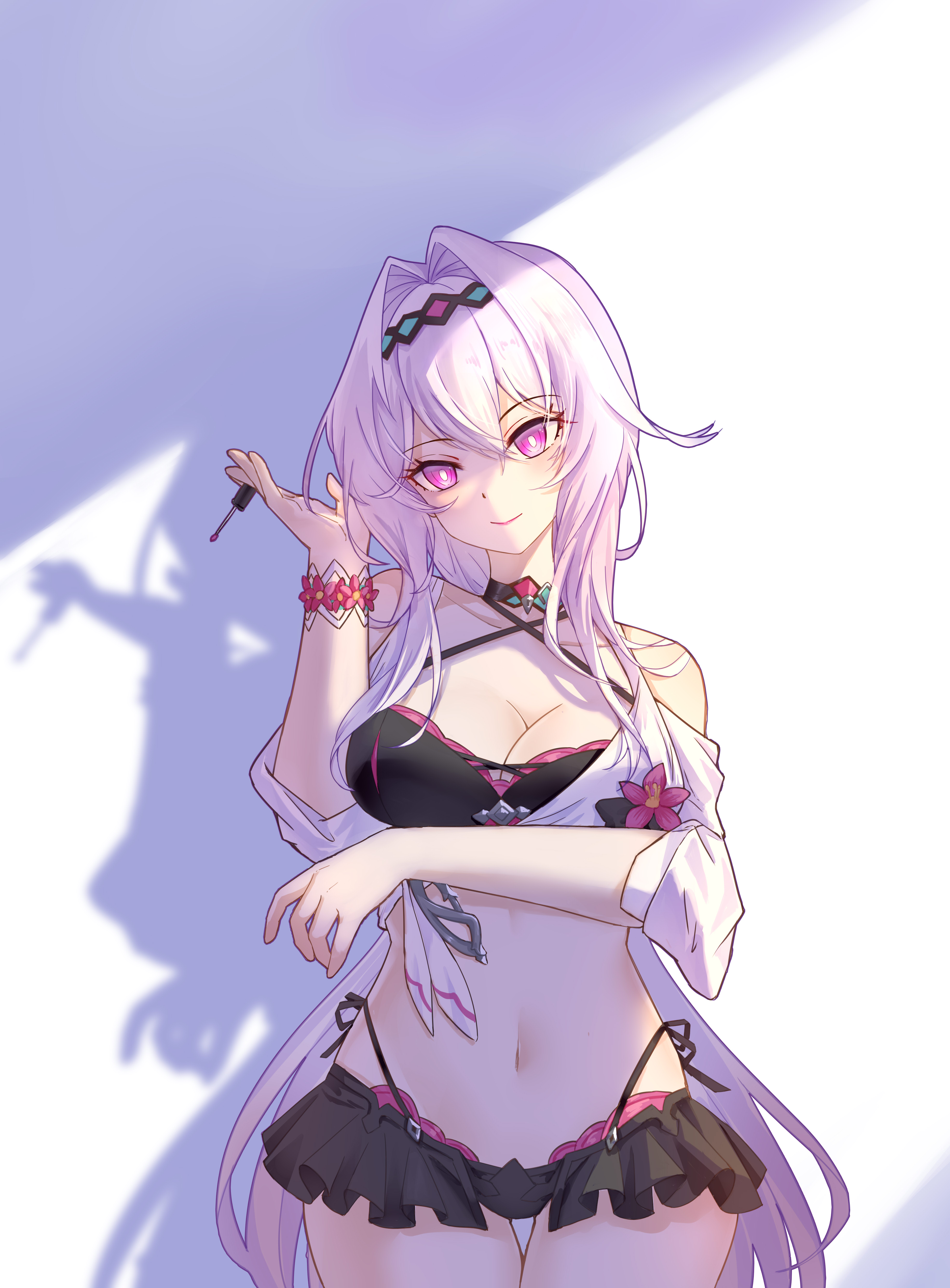 yichuanxue, thelema nutriscu, thelema nutriscu (roseate summer), honkai (series), honkai impact 3rd, absurdres, commentary request, highres, 1girl, bikini, black bikini, breasts, cleavage, hair intakes, large breasts, long hair, looking at viewer, navel, official alternate costume, purple hair, smile, solo, stomach, swimsuit, thighs, very long hair, white hair