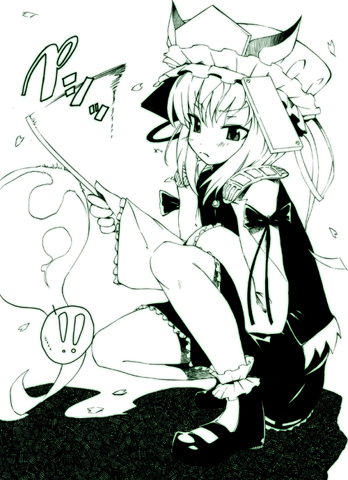 yukari (konekonekozou), shiki eiki, touhou, !, 1girl, female focus, green theme, hitodama, monochrome, petals, rod of remorse, solo, squatting