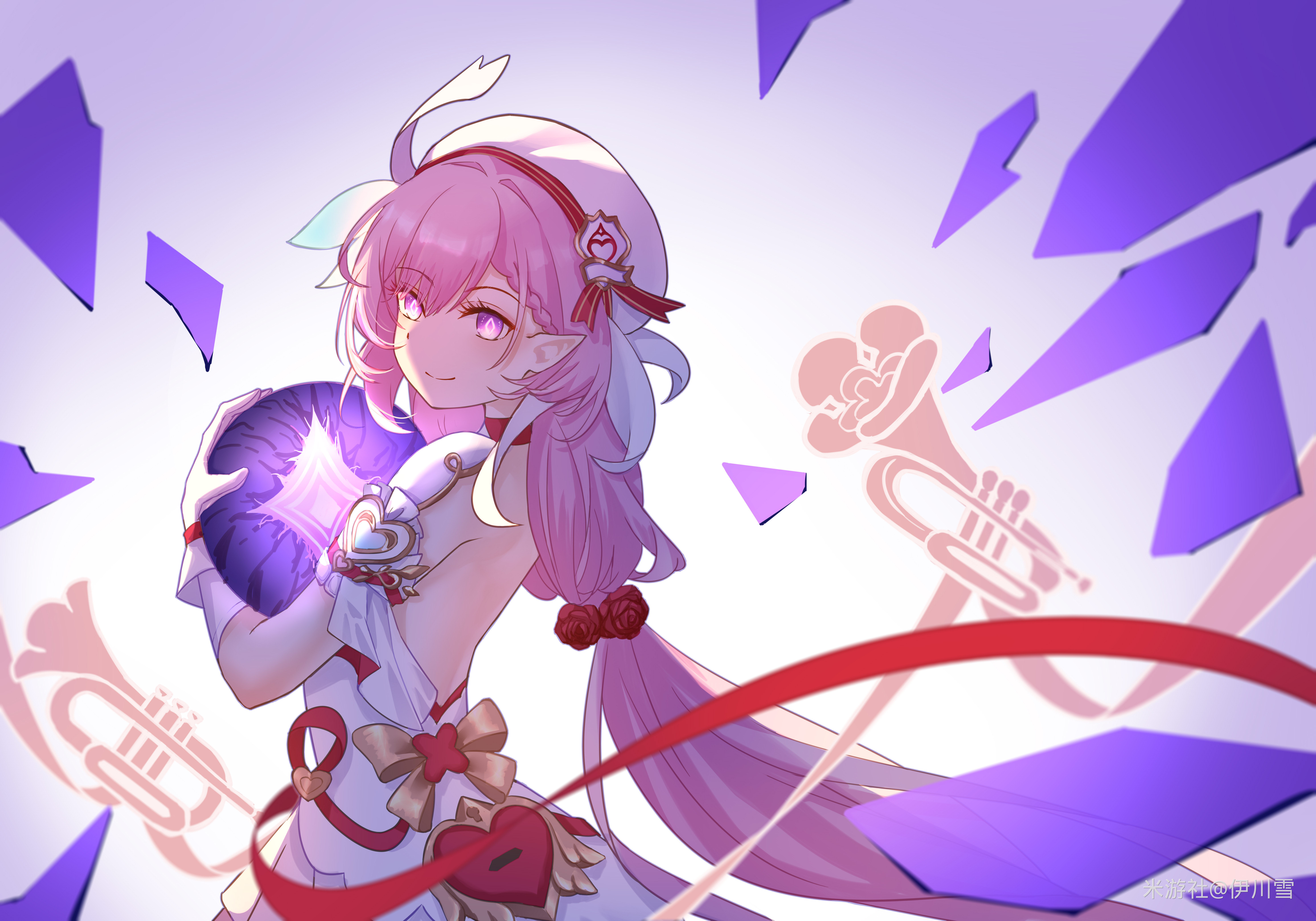 yichuanxue, elysia (hi love elf) (honkai impact), elysia (honkai impact), honkai (series), honkai impact 3rd, absurdres, chinese commentary, commentary request, highres, 1girl, backless dress, backless outfit, beret, cocoon of finality (honkai impact), crystal shards, diamond-shaped pupils, diamond (shape), dress, elf, from side, gloves, hat, holding orb, instrument, long hair, miyoushe watermark, multicolored hair, pink hair, pointy ears, purple eyes, smile, solo, symbol-shaped pupils, trumpet, two-tone hair, very long hair, watermark, white dress, white gloves, white hair