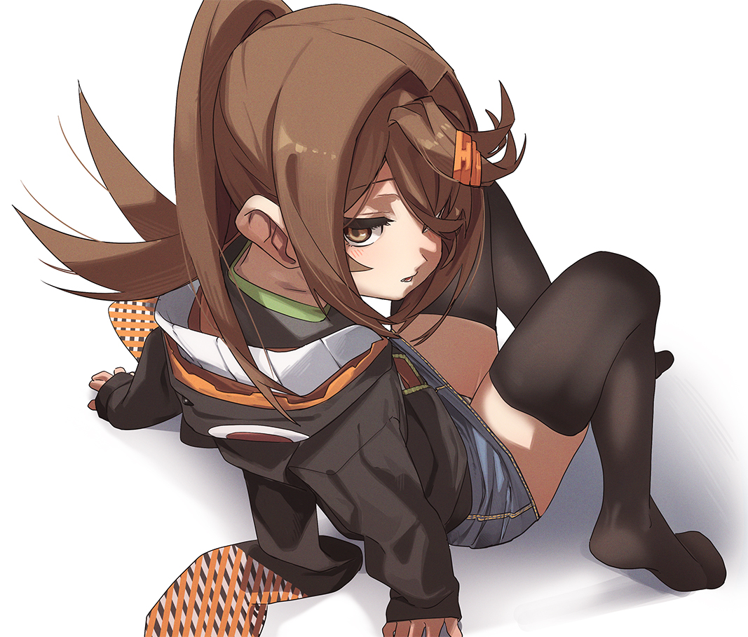 fu-ta, usami taiga, original, 1girl, black thighhighs, brown eyes, brown hair, brown jacket, denim, denim skirt, from behind, groin tendon, jacket, long hair, looking at viewer, ponytail, sitting, skindentation, skirt, solo, thighhighs