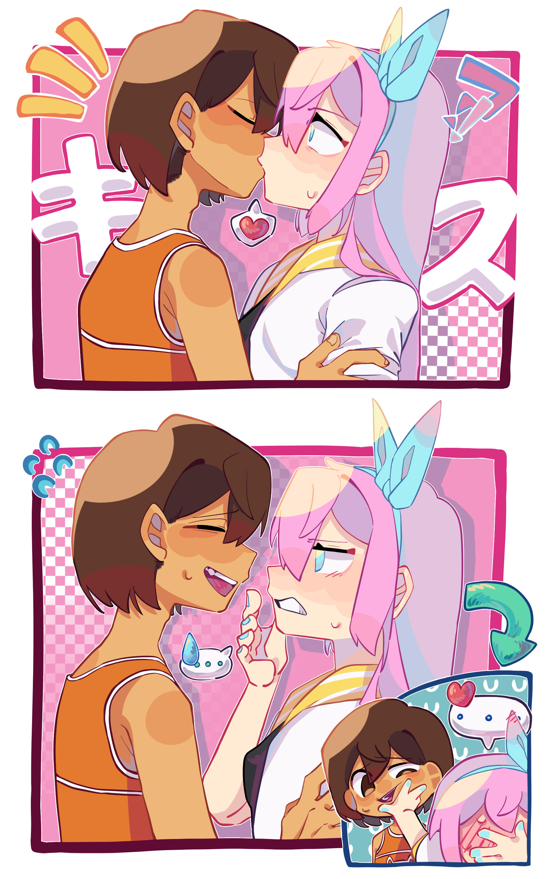 aubrey (faraway) (omori), aubrey (omori), kel (faraway) (omori), kel (omori), omori, absurdres, highres, !?, …, 1boy, 1girl, alternate eye color, arrow (symbol), blue eyes, blue nails, blush, brown eyes, brown hair, chibi, closed eyes, dark-skinned male, dark skin, flying sweatdrops, full-face blush, heart, huasuan69416, jacket, kiss, open mouth, pink hair, short-sleeved jacket, short sleeves, speech bubble, spoken ellipsis, spoken heart, spoken sweatdrop, sweatdrop, teeth, upper teeth only, white jacket