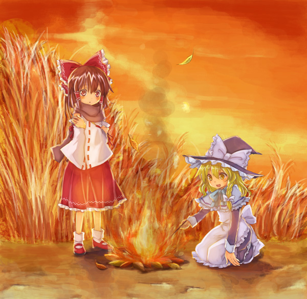 miya (tsumazukanai), hakurei reimu, kirisame marisa, perfect cherry blossom, touhou, 2girls, :d, apron, blonde hair, blush, braid, brown eyes, brown hair, cold, dress, female focus, fire, hat, kneeling, looking at viewer, multiple girls, open mouth, orange sky, outdoors, red dress, ribbon-trimmed sleeves, ribbon trim, scarf, single braid, sky, smile, standing, sunset, waist apron, witch hat