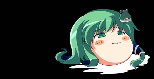 utsurogi angu, kochiya sanae, touhou, lowres, asymmetrical hair, black background, blush stickers, disembodied head, female focus, frog hair ornament, full body, green eyes, green hair, hair ornament, long hair, looking up, no humans, simple background, solo, yukkuri shiteitte ne