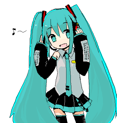 akira tsuta, hatsune miku, vocaloid, lowres, 1girl, aqua hair, female focus, long hair, musical note, quaver, simple background, solo, thighhighs, twintails, very long hair, white background