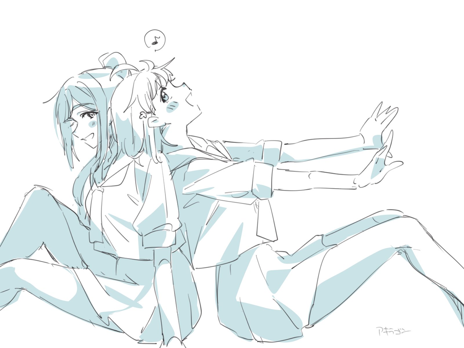 akira hjk, matsuura kanan, takami chika, love live!, love live! sunshine!!, commentary, highres, symbol-only commentary, 2girls, :d, back-to-back, clover hair ornament, greyscale, grin, hair ornament, high ponytail, long hair, looking at another, looking back, medium hair, miniskirt, monochrome, multiple girls, musical note, neckerchief, open mouth, parted bangs, pleated skirt, ponytail, profile, school uniform, serafuku, shirt, short sleeves, sidelocks, simple background, skirt, smile, speech bubble, spoken musical note, summer uniform, uranohoshi school uniform, white background
