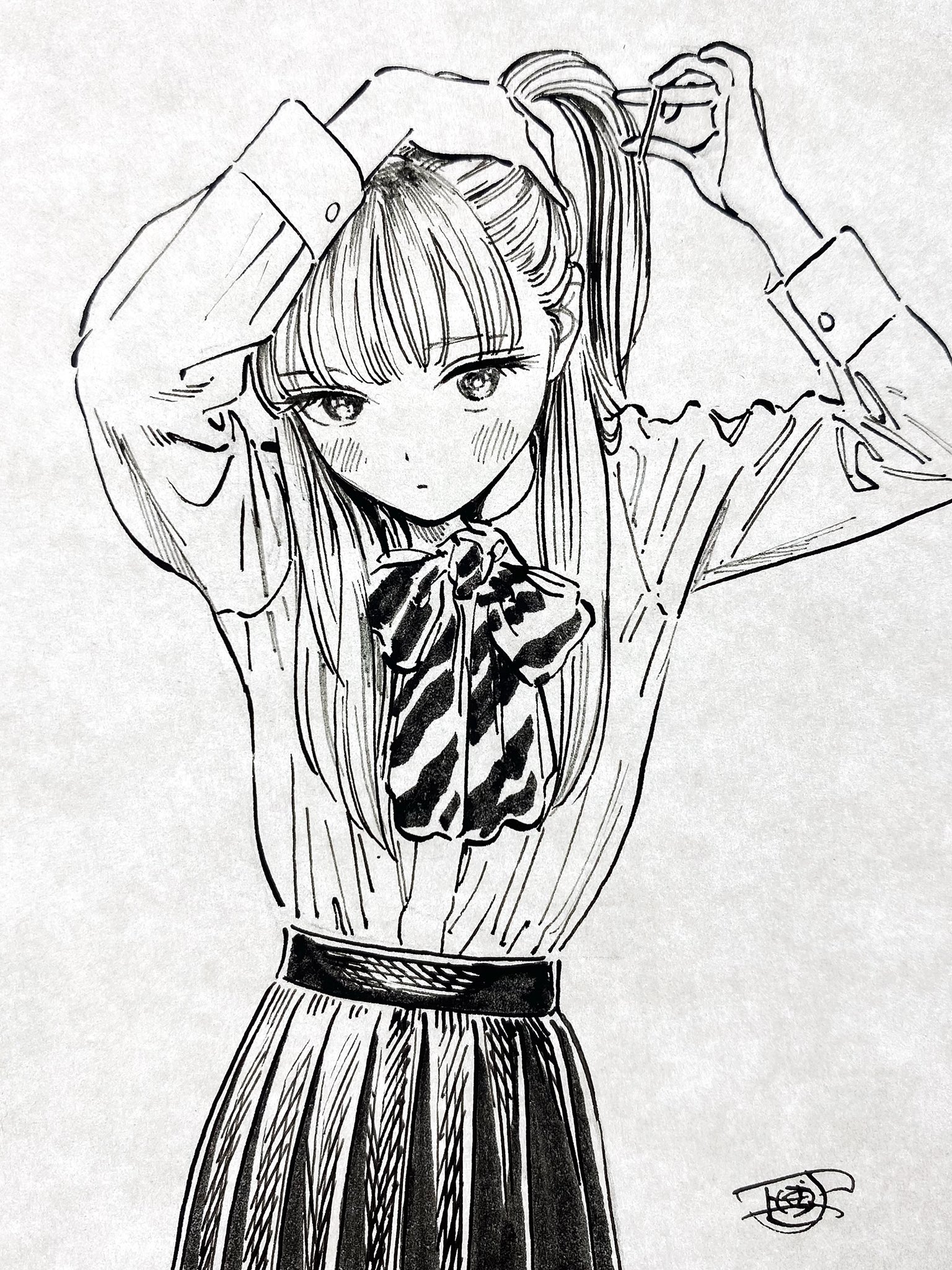 hiro (dismaless), kizaki erika, akebi-chan no serafuku, highres, 1girl, arms up, blush, bow, bowtie, buttons, closed mouth, collared shirt, hair over shoulder, long hair, long sleeves, monochrome, pleated skirt, school uniform, shirt, shirt tucked in, signature, simple background, skirt, solo, swept bangs, two side up, tying hair, white background