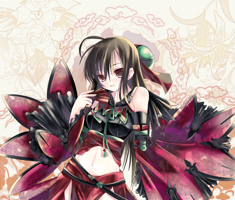 xephonia, tagme, 1girl, brown hair, female focus, hand fan, long hair, solo