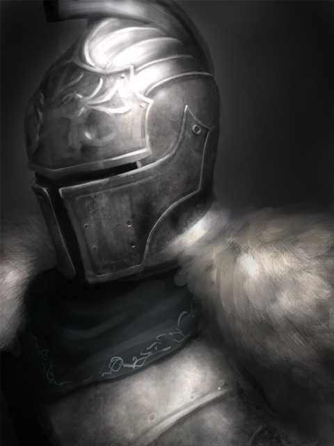 doumu (airen), bearer of the curse, dark souls (series), dark souls ii, commentary request, 1other, ambiguous gender, armor, breastplate, fur collar, greyscale, helm, helmet, monochrome, other focus, portrait, solo