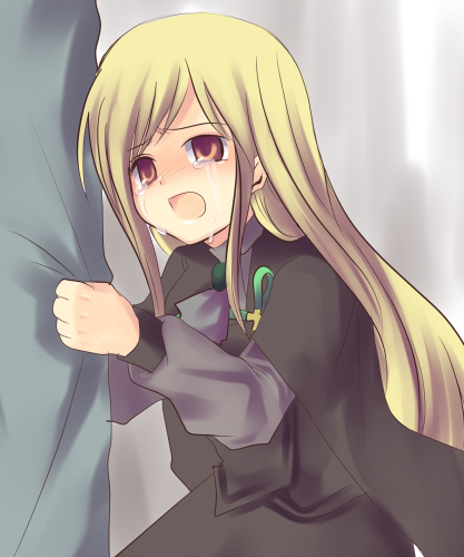 takano miyo, higurashi no naku koro ni, matsuribayashi-hen, lowres, 00s, 1girl, blonde hair, cape, female focus, red eyes, solo, tears