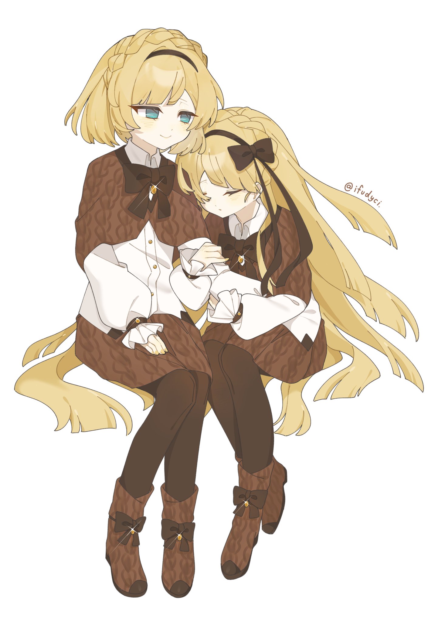ifudyci, tiphereth a (project moon), tiphereth b (project moon), lobotomy corporation, project moon, highres, 1boy, 1girl, black pantyhose, blonde hair, boots, bow, bowtie, braid, brown boots, brown bow, brown bowtie, brown capelet, brown hairband, brown ribbon, brown skirt, capelet, crown braid, full body, green eyes, hairband, long hair, long sleeves, looking at another, pantyhose, ribbon, shirt, simple background, sitting, skirt, white background, white shirt